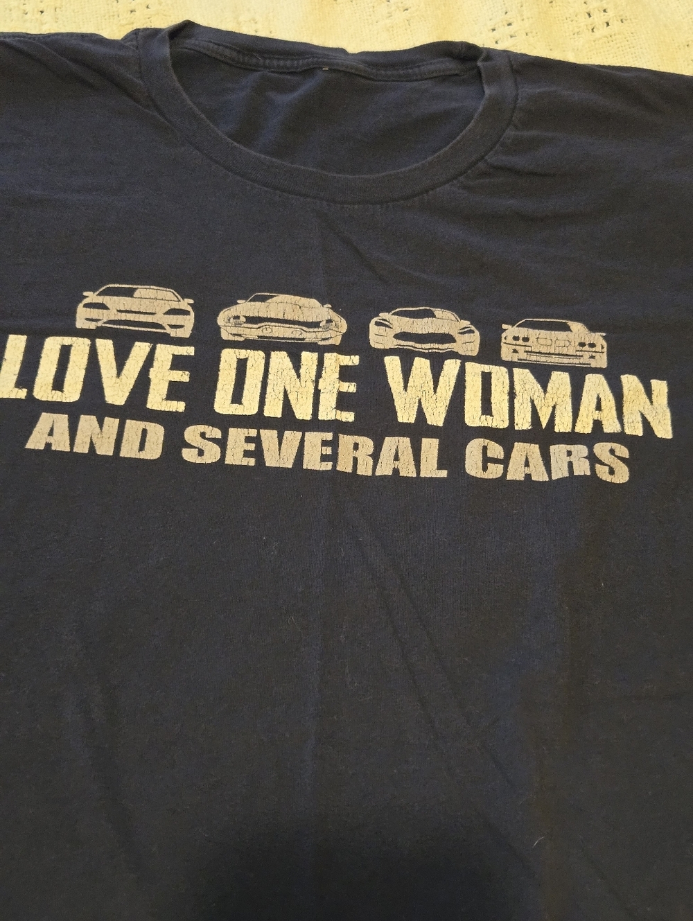 Navy Graphic Tee "Love One Woman and Several Cars" Mens XL